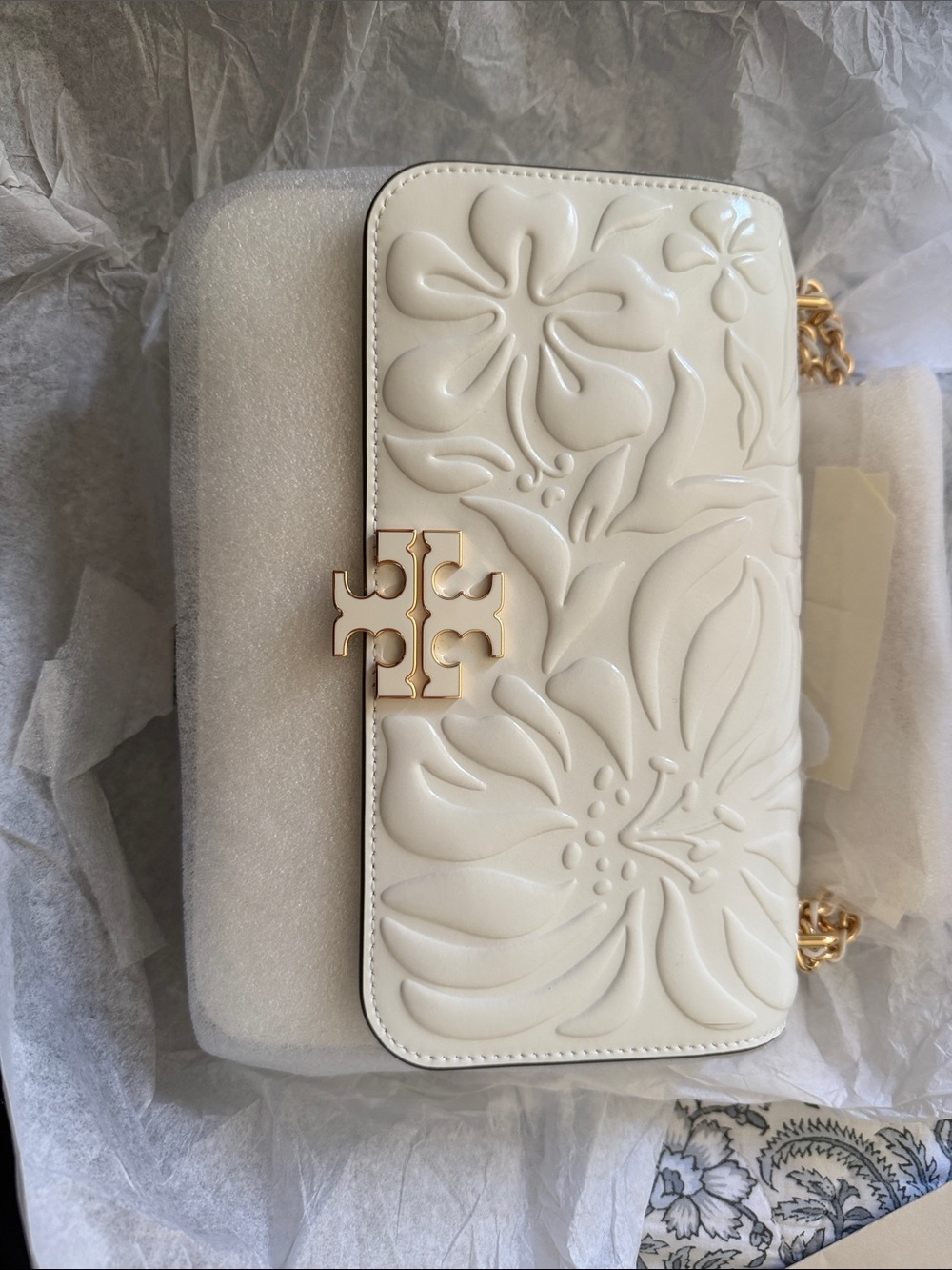 Tory Burch White Floral Embossed Shoulder Bag with Gold Logo